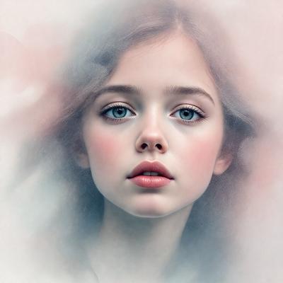 The primary subject of the image is a young woman with long hair and blue eyes. She is looking directly at the camera, and her lips are slightly parted. The setting is a blurry background, which adds a sense of depth and focus to the image. The visual style is a combination of a photo and digital art, creating a unique and artistic representation of the woman. The colors and mood of the image are predominantly blue, which adds to the overall atmosphere and gives the image a calm and serene feel.
